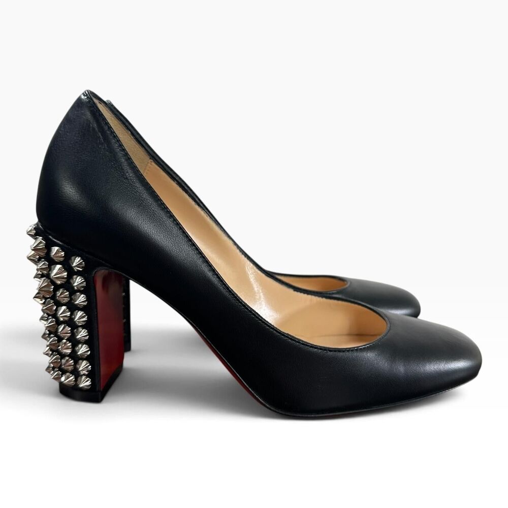 Christian Louboutin Donna 85 Black Leather Silver Spike Block Heel Pumps 35.5